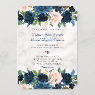 Charm Pink Navy Blue Floral Bloom Marmer Wedding Kaart