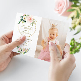 Charm Pink White Floral Girl Foto 1e verjaardag Kaart