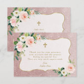 Charm Pink White Floral Roos Gold Glitter Baptisme Bedankkaart (Voorkant / Achterkant)
