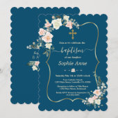 Charm Pink White Flowers Blue Gold Girl Baptisme Kaart (Voorkant / Achterkant)