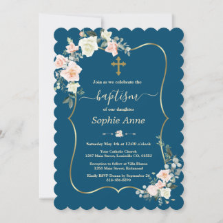 Charm Pink White Flowers Blue Gold Girl Baptisme Kaart