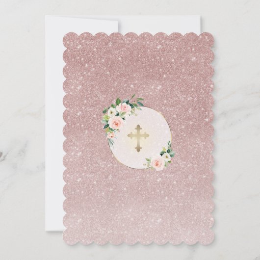 Charm Pink White Flowers Rose Gold Glitter Baptism Kaart (Achterkant)