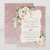 Charm Pink White Flowers Rose Gold Glitter Baptism Kaart (Voorkant / Achterkant)