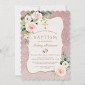 Charm Pink White Flowers Rose Gold Glitter Baptism Kaart (Voorkant)