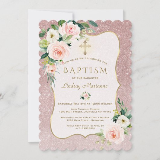 Charm Pink White Flowers Rose Gold Glitter Baptism Kaart (Voorkant)