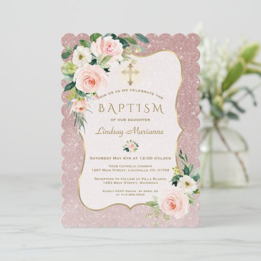 Charm Pink White Flowers Rose Gold Glitter Baptism Kaart (Staand voorkant)