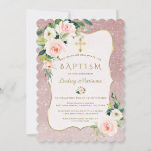 Charm Pink White Flowers Rose Gold Glitter Baptism Kaart