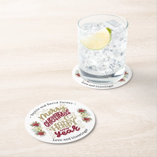 Charm Prettig Kerstfeest Gelukkig Nieuwjaar Typogr Ronde Kartonnen Onderzetter (Insitu)