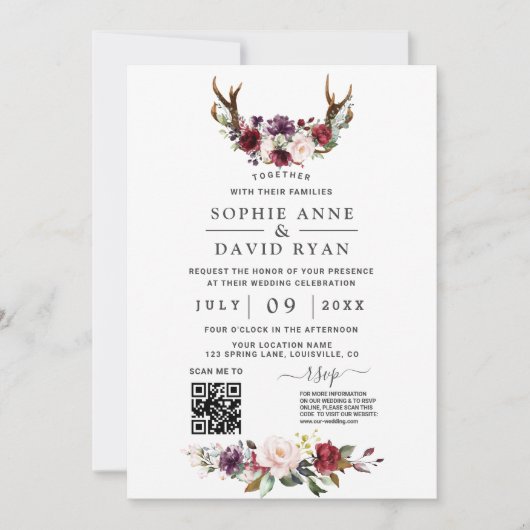 Charm QR Code Aquarel Bloemen Antlers Huwelijk Kaart (Voorkant)
