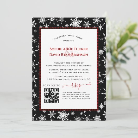 Charm QR Wintervakantie Rood Buffalo Bruiloft Kaart (Staand voorkant)