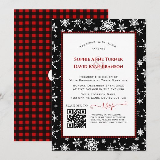 Charm QR Wintervakantie Rood Buffalo Bruiloft Kaart (Voorkant / Achterkant)