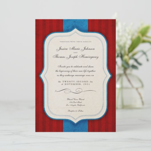  Charm Red en Blue Monogram Weddenschap Kaart (Staand voorkant)