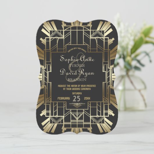 Charm Roaring 20's Great Gatsby Wedding Invite Kaart (Staand voorkant)