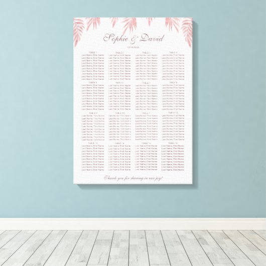 Charm Roos Gold Palm Leaves Wedding Seding Chart Canvas Afdruk (Insitu (Houten vloer))