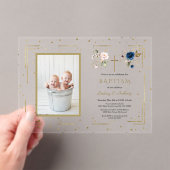 Charm Roze Blauw Bloemen Tweeling Foto Doop Acryl Uitnodigingen (Insitu (Draagbaar))