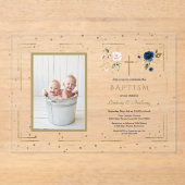 Charm Roze Blauw Bloemen Tweeling Foto Doop Acryl Uitnodigingen (Voorkant)