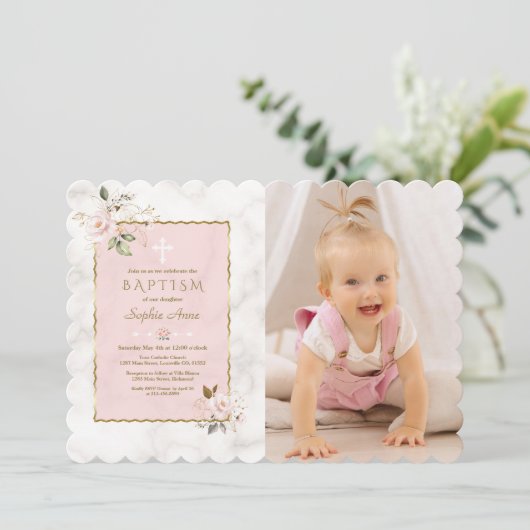 Charm roze bloemen goud meisje foto doop kaart (Staand voorkant)