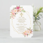 Charm Roze Blush Bloemen Gouden Frame Heilige Comm Kaart (Staand voorkant)