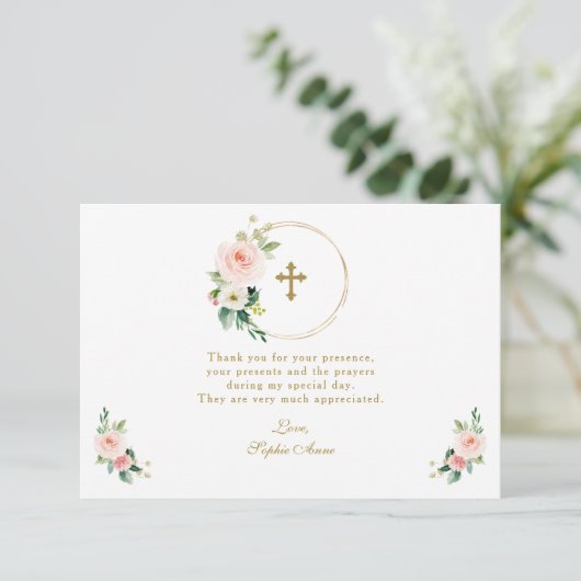 Charm Roze Blush Bloemendecor Gouden Kruis Bevesti Bedankkaart (Staand voorkant)