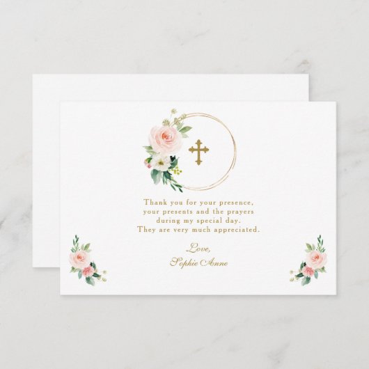 Charm Roze Blush Bloemendecor Gouden Kruis Bevesti Bedankkaart (Voorkant / Achterkant)