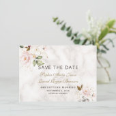 Charm Roze Blush Gouden Bloem Marmer Bruiloft Save The Date (Staand voorkant)