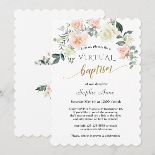 Charm Roze Witte Bloemen Gouden Virtuele Doop Kaart (Voorkant / Achterkant)