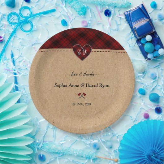 Charm Rustic Red Buffalo Pset Monogram Weddenschap Papieren Bordje (Feest)