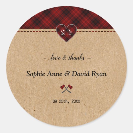 Charm Rustic Red Buffalo Pset Monogram Weddenschap Ronde Sticker (Voorkant)