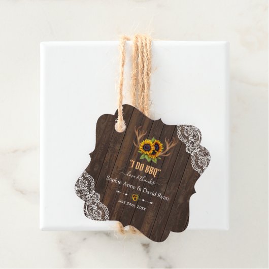 Charm Rustic Sunflower Antlers Wood Lace I DO BBQ Bedankjes Labels (In situ)