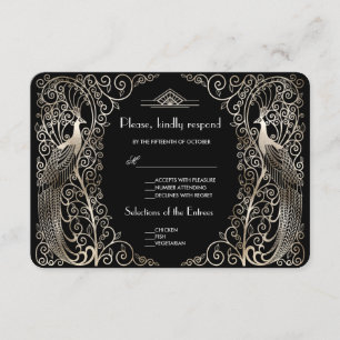 Charm Silver Art Deco Peacocks Wedding RSVP Kaartje