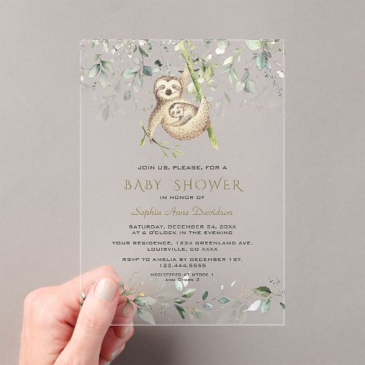 Charm Sloths Airy Greenery Gold Boy Baby shower Acryl Uitnodigingen (Insitu (Draagbaar))