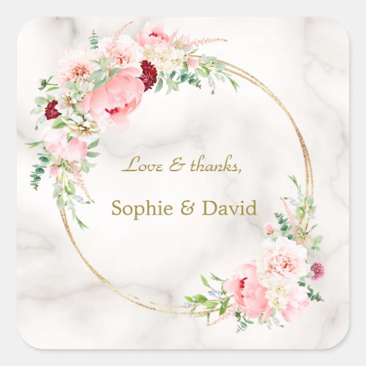 Charm Spring Waterverf Peonies Bloom Gold Wedding Vierkante Sticker (Voorkant)