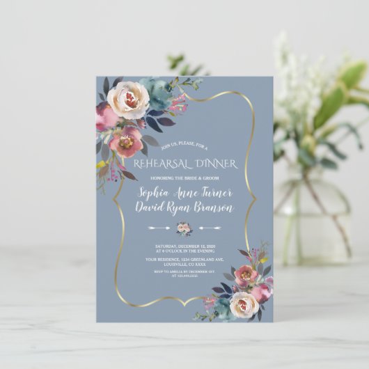 Charm Stoffig Blauw Roze Bloemen Goud Repetitie Di Kaart (Staand voorkant)