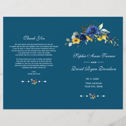 Charm Sunflower Blue Floral Wedding Programme Flyer (Voorkant)