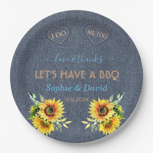 Charm Sunflower Old Denim Blue Western I DO BBQ Papieren Bordje (Voorkant)