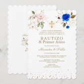 Charm Twins Roze Blauwe Bloemen Primer Añito Bauti Kaart (Voorkant / Achterkant)