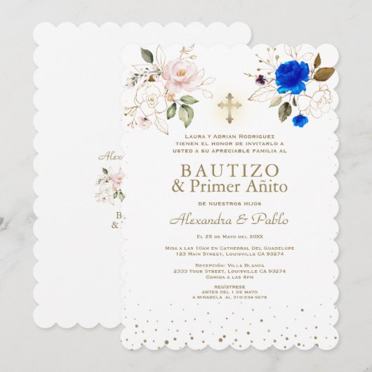 Charm Twins Roze Blauwe Bloemen Primer Añito Bauti Kaart (Voorkant / Achterkant)