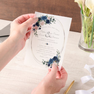 Charm Watercolour Navy Blauwe Bloemen Bruiloft Vellum Uitnodigingen