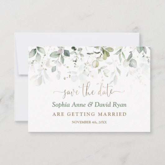 Charm Waterverf Airy Greenery Gold Wedding Save The Date (Voorkant)