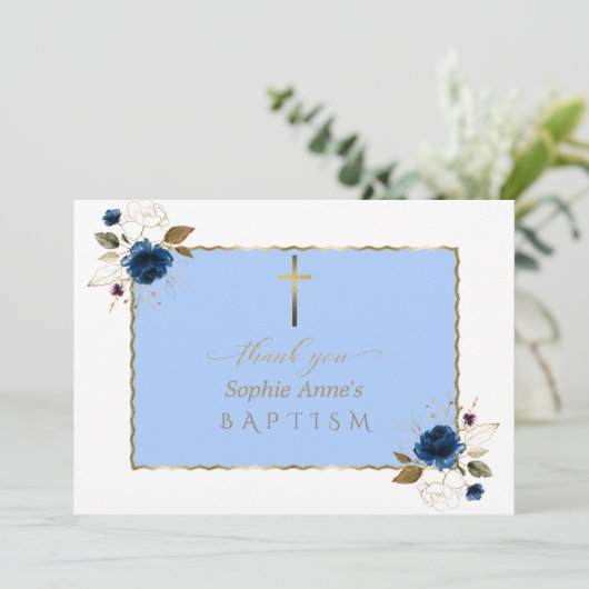 Charm Waterverf Blauw Goud Bloemen Jongen Doop Bedankkaart (Staand voorkant)