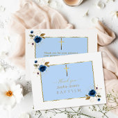 Charm Waterverf Blauw Goud Bloemen Jongen Doop Bedankkaart
