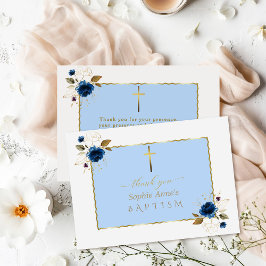 Charm Waterverf Blauw Goud Bloemen Jongen Doop Bedankkaart