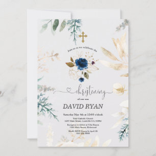 Charm Waterverf Blue Floral Gold Christening Kaart