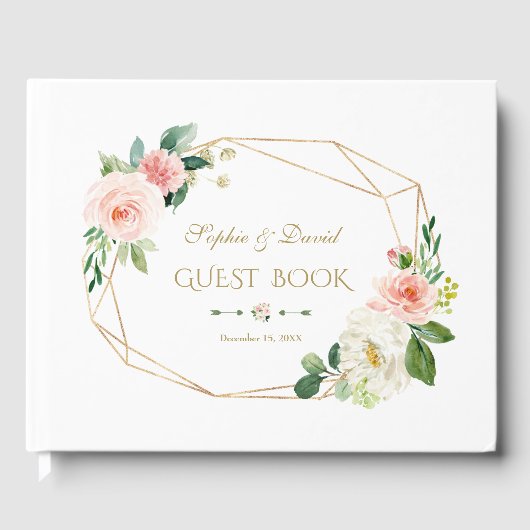 Charm Waterverf Blush Cream Flowers Gold Wedding Gastenboek (Voorkant)
