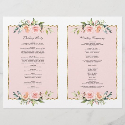 Charm Waterverf Blush Floral Gold Wedding Program Flyer (Achterkant)