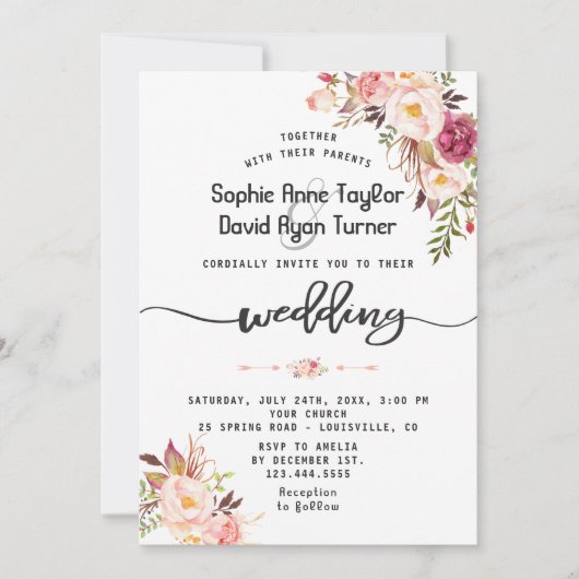 Charm Waterverf Blush Pink Floral Wedding Kaart (Voorkant)