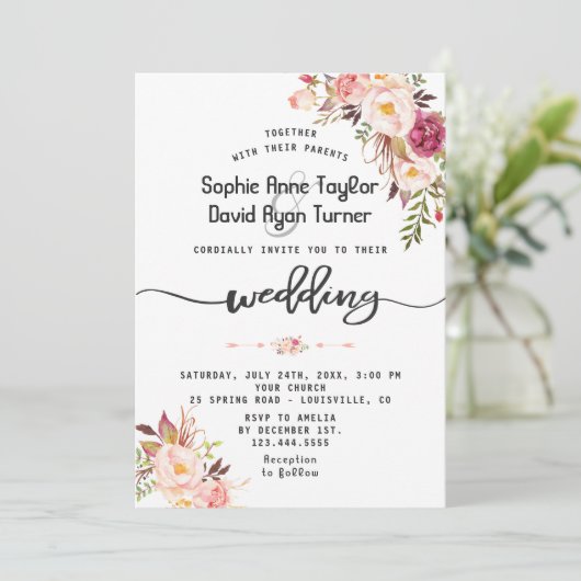 Charm Waterverf Blush Pink Floral Wedding Kaart (Staand voorkant)