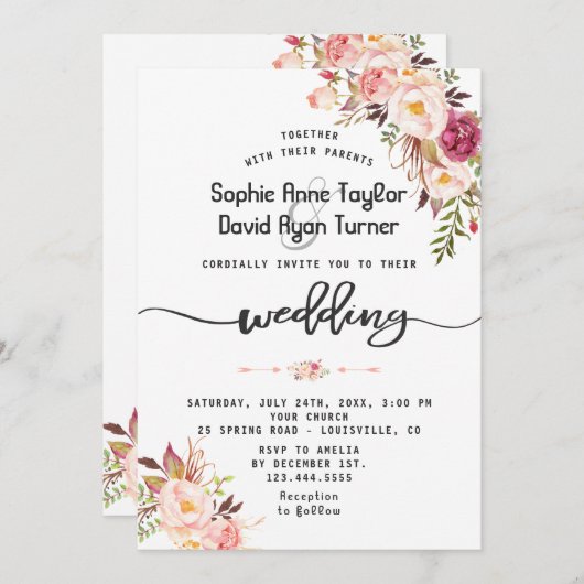 Charm Waterverf Blush Pink Floral Wedding Kaart (Voorkant / Achterkant)