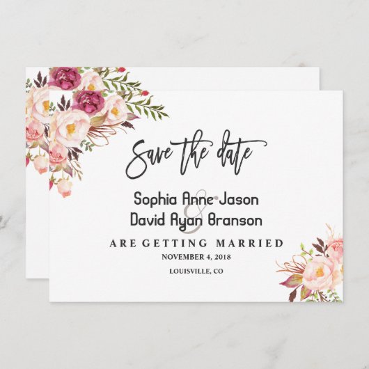 Charm Waterverf Blush Roze Bloemen Save The Date (Voorkant / Achterkant)