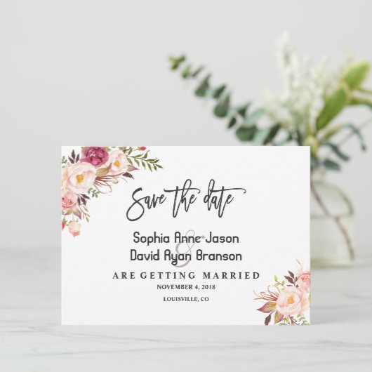 Charm Waterverf Blush Roze Bloemen Save The Date (Staand voorkant)